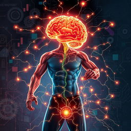 A futuristic illustration showing the connection between physical fitness and brain cognition, symbolizing the development of physical qualities and quality of life through cognitive brain function