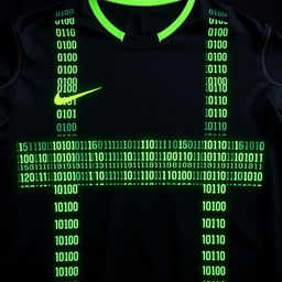 A black football jersey with four full-height vertical stripes on the front, each crafted from tiny neon green binary numbers composed of 0's and 1's