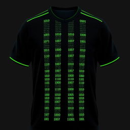 A black football jersey with four full-height vertical stripes on the front, each crafted from tiny neon green binary numbers composed of 0's and 1's