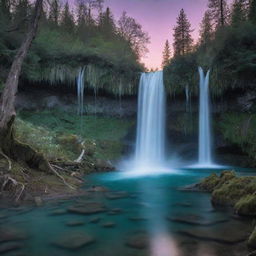 A dreamy, surreal landscape during twilight, with cascading waterfalls flowing into a crystal clear lake, surrounded by a forest of bioluminescent trees