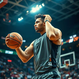 A dynamic athlete engaged in deep cognitive thought while performing a high-intensity sport, such as basketball