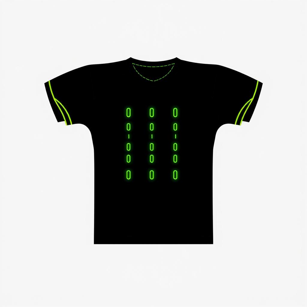 A black football jersey featuring four full-height vertical stripes on the front, each crafted from tiny neon green binary numbers, specifically composed only of 0's and 1's