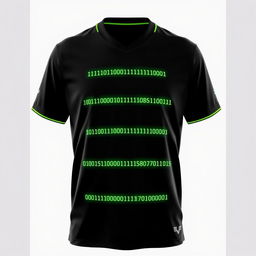 A black football jersey featuring four full-height vertical stripes on the front, each crafted from tiny neon green binary numbers, specifically composed only of 0's and 1's