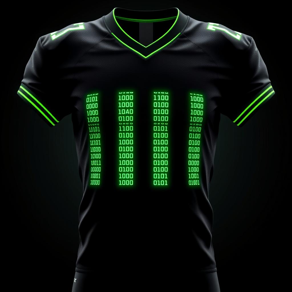 A black football jersey featuring four full-height vertical stripes on the front, each crafted from tiny neon green binary numbers, specifically composed only of 0's and 1's