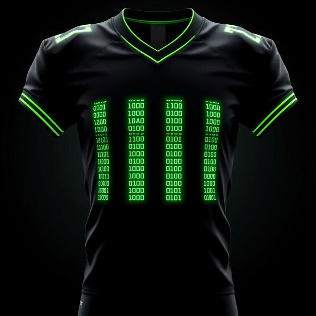 A black football jersey featuring four full-height vertical stripes on the front, each crafted from tiny neon green binary numbers, specifically composed only of 0's and 1's