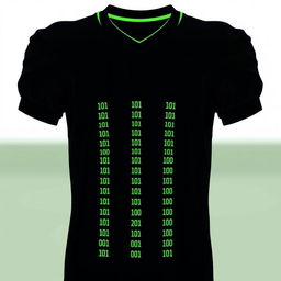 A black football jersey featuring four full-height vertical stripes on the front, each crafted from tiny neon green binary numbers, specifically composed only of 0's and 1's