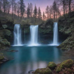 A dreamy, surreal landscape during twilight, with cascading waterfalls flowing into a crystal clear lake, surrounded by a forest of bioluminescent trees