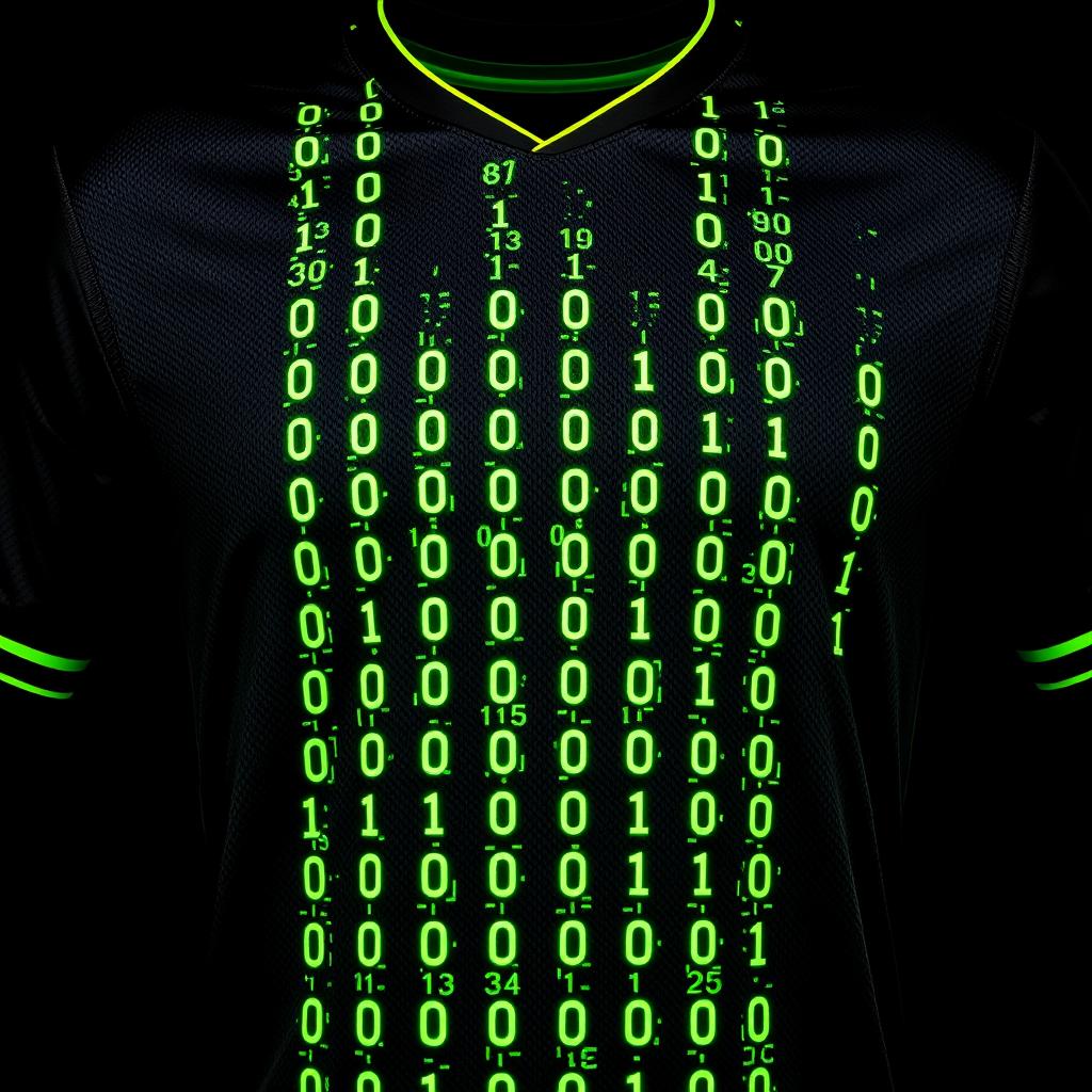 A black football jersey adorned with four vertical stripes running the full length of the front, each formed by scattered, tiny neon green binary numbers—0's and 1's—arranged to create these stripes