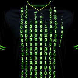 A black football jersey adorned with four vertical stripes running the full length of the front, each formed by scattered, tiny neon green binary numbers—0's and 1's—arranged to create these stripes