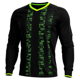 A black football jersey adorned with four vertical stripes running the full length of the front, each formed by scattered, tiny neon green binary numbers—0's and 1's—arranged to create these stripes