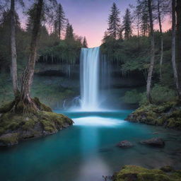 A dreamy, surreal landscape during twilight, with cascading waterfalls flowing into a crystal clear lake, surrounded by a forest of bioluminescent trees