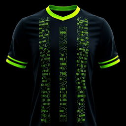 A black football jersey adorned with four vertical stripes running the full length of the front, each formed by scattered, tiny neon green binary numbers—0's and 1's—arranged to create these stripes