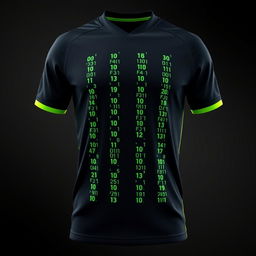 A black football jersey adorned with four vertical stripes running the full length of the front, each formed by scattered, tiny neon green binary numbers—0's and 1's—arranged to create these stripes