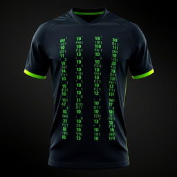 A black football jersey adorned with four vertical stripes running the full length of the front, each formed by scattered, tiny neon green binary numbers—0's and 1's—arranged to create these stripes