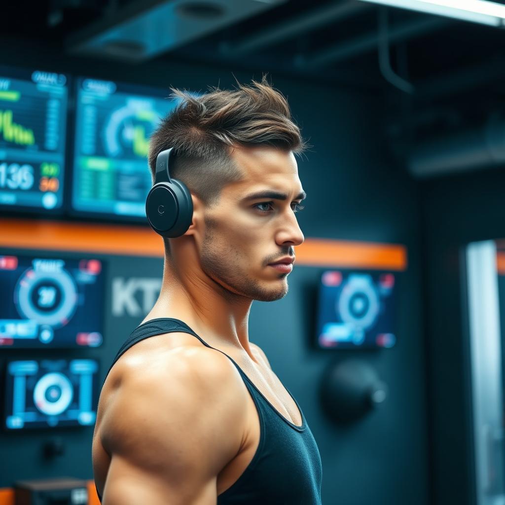 An athlete in a high-tech training facility, focusing intensely on a Neurotracker session