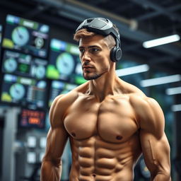 An athlete in a high-tech training facility, focusing intensely on a Neurotracker session