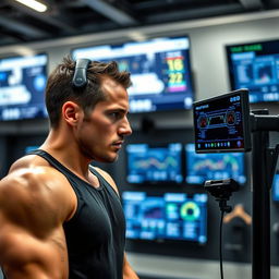 An athlete in a high-tech training facility, focusing intensely on a Neurotracker session