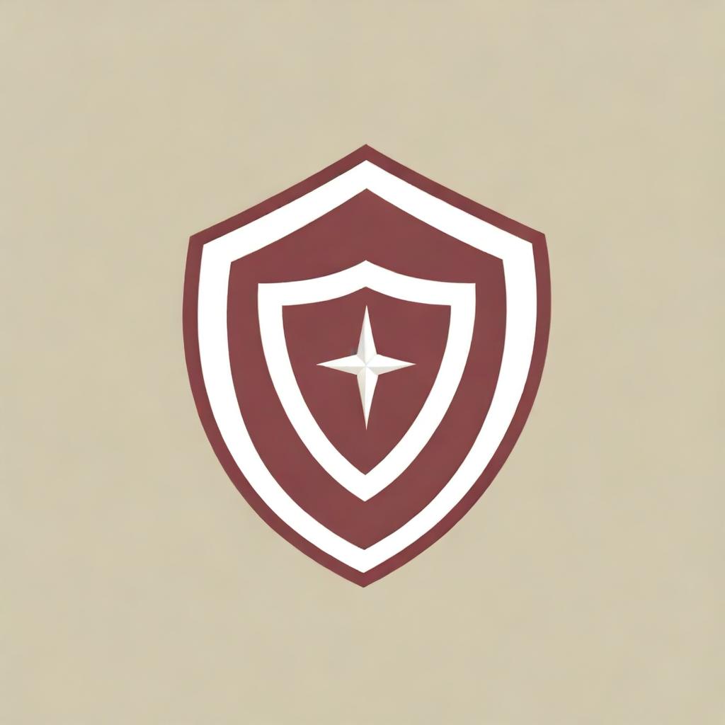 A maroon and white logo for an emergency response team, filled with charisma, grit, and alertness. Featuring a stylized shield, compass, and lightning bolt symbols embodying protection, guidance, and swift action.