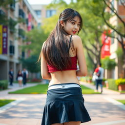 An 18-year-old Asian college girl captured from behind as she bends over slightly, offering a playful and cheeky view