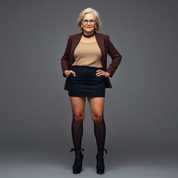 Front view of an attractive 70-year-old Caucasian office woman with an emphasis on her confident and elegant demeanor