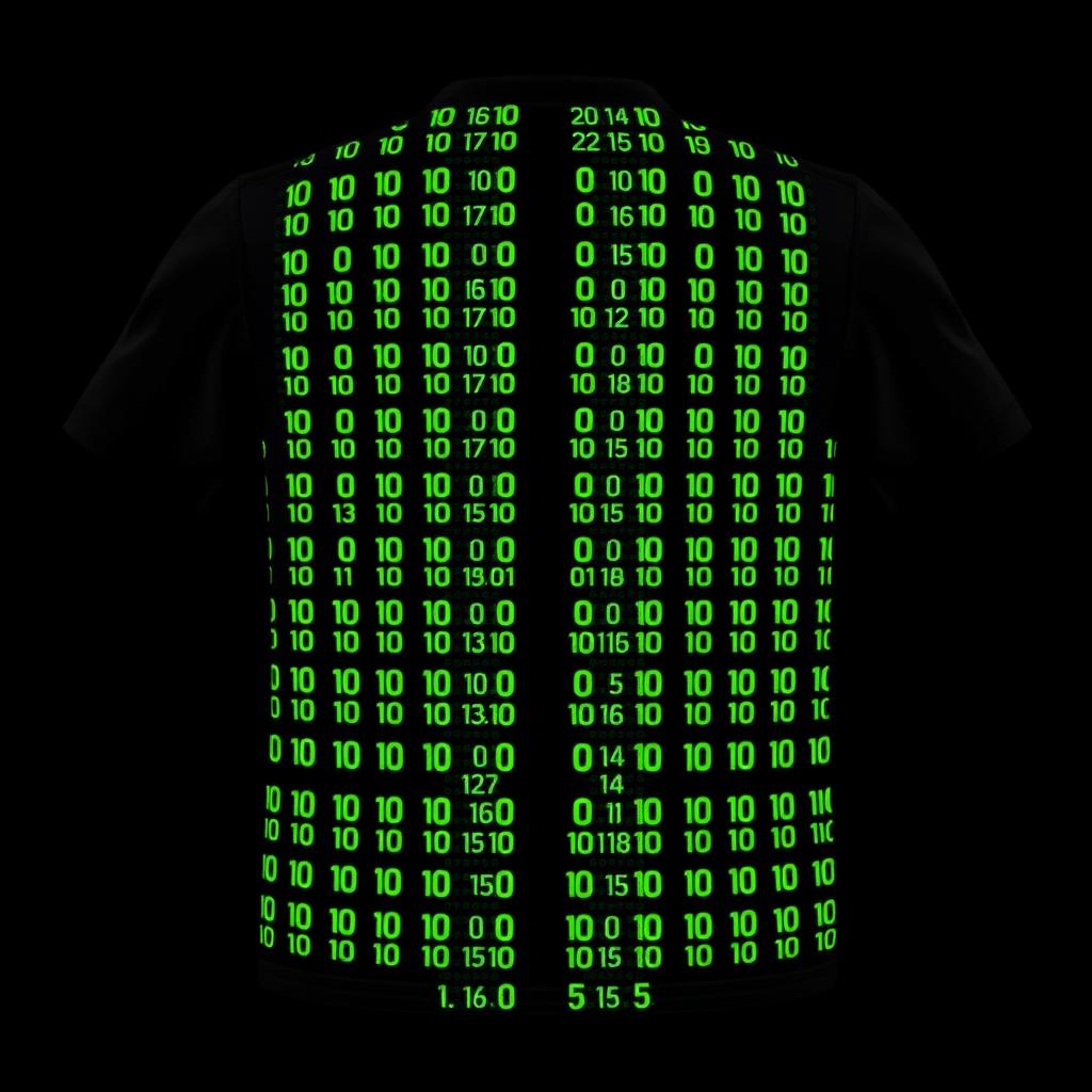 A black football jersey with four vertical stripes running the full length on the front, each formed by tiny neon green binary numbers, 0's and 1's, dispersed vertically to shape the stripes