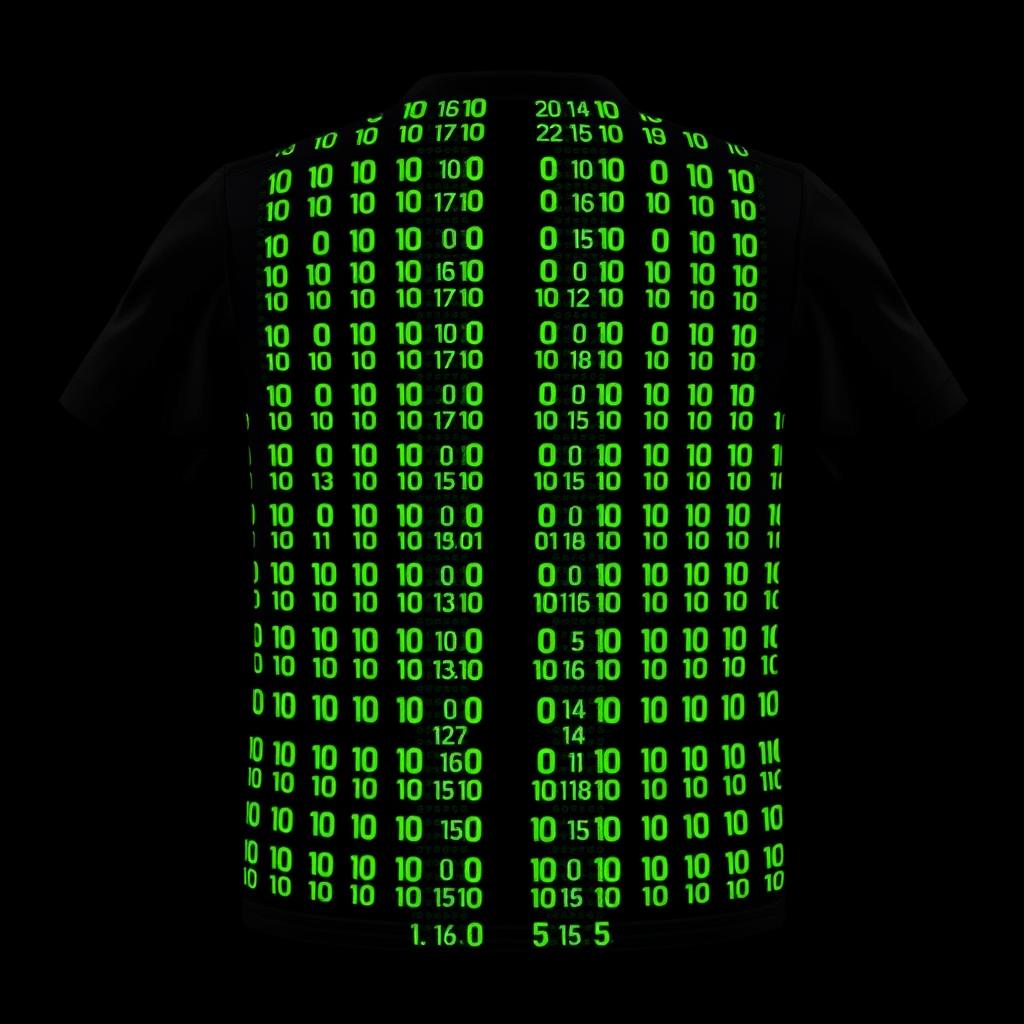 A black football jersey with four vertical stripes running the full length on the front, each formed by tiny neon green binary numbers, 0's and 1's, dispersed vertically to shape the stripes