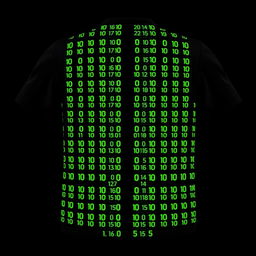 A black football jersey with four vertical stripes running the full length on the front, each formed by tiny neon green binary numbers, 0's and 1's, dispersed vertically to shape the stripes