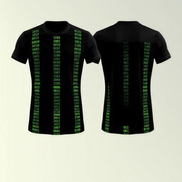 A black football jersey with four vertical stripes running the full length on the front, each formed by tiny neon green binary numbers, 0's and 1's, dispersed vertically to shape the stripes