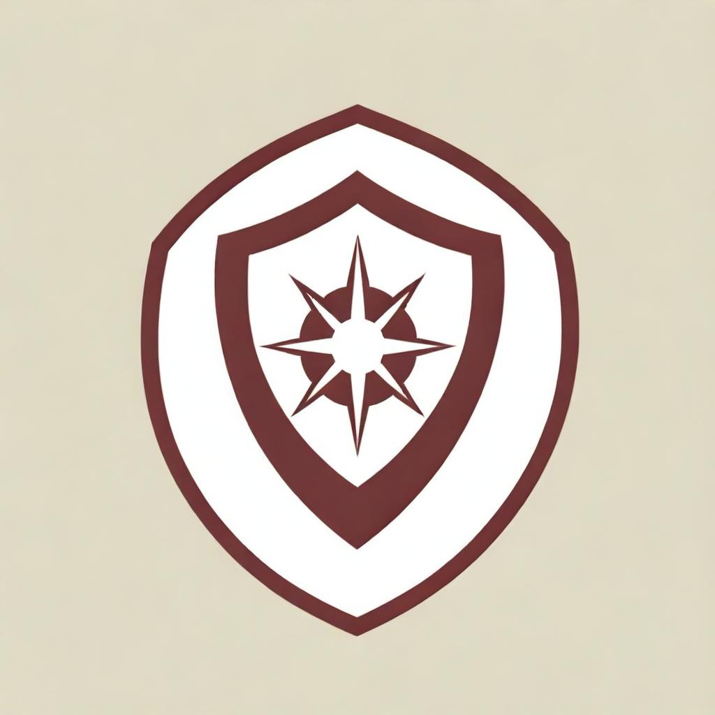 A maroon and white logo for an emergency response team, filled with charisma, grit, and alertness. Featuring a stylized shield, compass, and lightning bolt symbols embodying protection, guidance, and swift action.