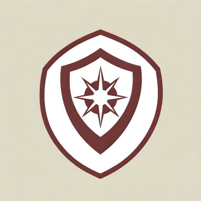 A maroon and white logo for an emergency response team, filled with charisma, grit, and alertness. Featuring a stylized shield, compass, and lightning bolt symbols embodying protection, guidance, and swift action.