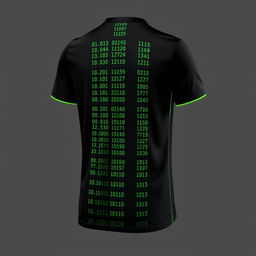 A black football jersey with four vertical stripes running the full length on the front, each formed by tiny neon green binary numbers, 0's and 1's, dispersed vertically to shape the stripes