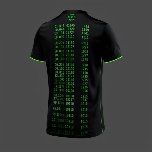 A black football jersey with four vertical stripes running the full length on the front, each formed by tiny neon green binary numbers, 0's and 1's, dispersed vertically to shape the stripes