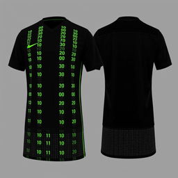 A black football jersey with four vertical stripes running the full length on the front, each formed by tiny neon green binary numbers, 0's and 1's, dispersed vertically to shape the stripes