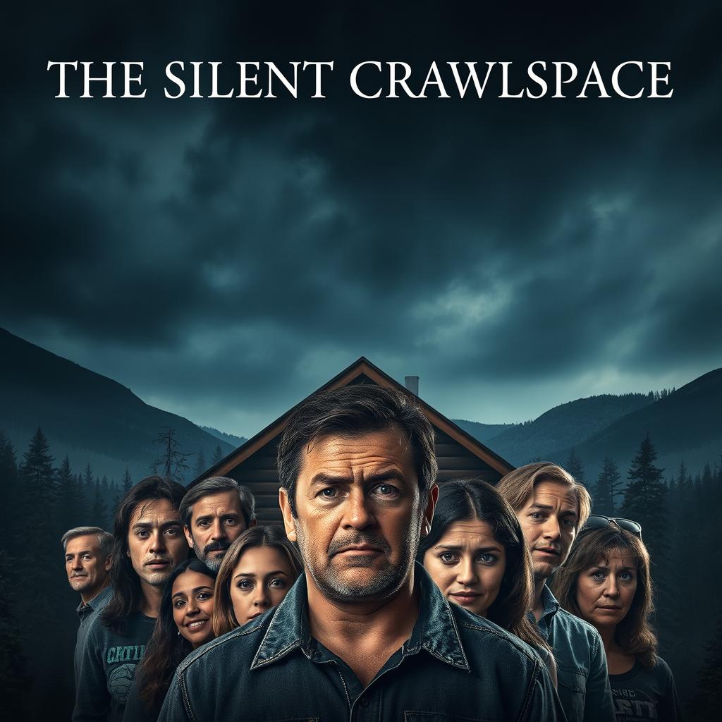 A captivating poster for the movie "The Silent Crawlspace," portraying a remote mountain cabin under a foreboding night sky