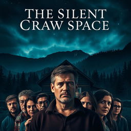 A captivating poster for the movie "The Silent Crawlspace," portraying a remote mountain cabin under a foreboding night sky