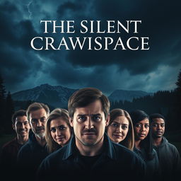 A captivating poster for the movie "The Silent Crawlspace," portraying a remote mountain cabin under a foreboding night sky