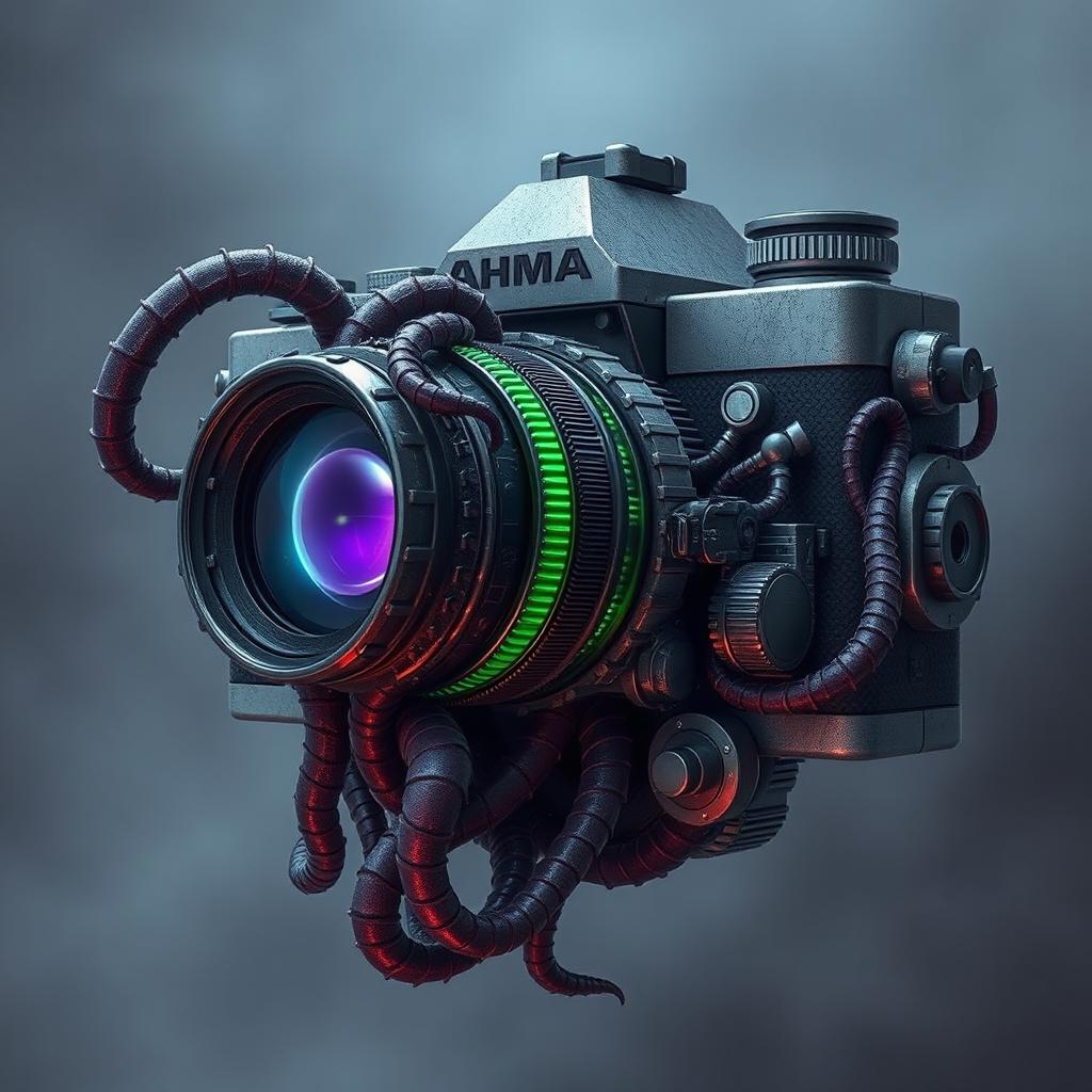 A surreal, monstrous camera with an otherworldly design, featuring organic elements and eerie glowing details