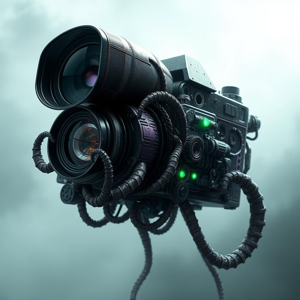 A surreal, monstrous camera with an otherworldly design, featuring organic elements and eerie glowing details