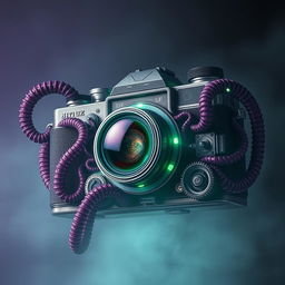 A surreal, monstrous camera with an otherworldly design, featuring organic elements and eerie glowing details