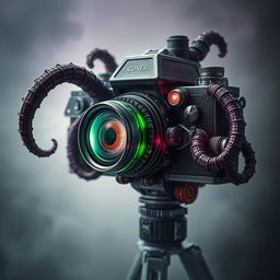 A surreal, monstrous camera with an otherworldly design, featuring organic elements and eerie glowing details