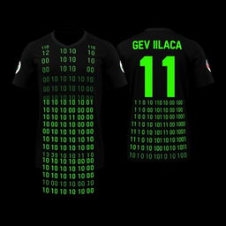 A black football jersey featuring four vertical stripes on the front, each extending the full height of the jersey and crafted from tiny neon green binary numbers, 0's and 1's, arranged to form the stripe pattern