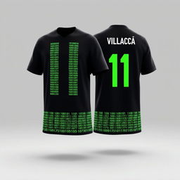 A black football jersey featuring four vertical stripes on the front, each extending the full height of the jersey and crafted from tiny neon green binary numbers, 0's and 1's, arranged to form the stripe pattern