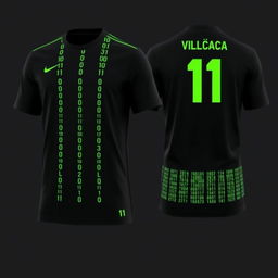 A black football jersey featuring four vertical stripes on the front, each extending the full height of the jersey and crafted from tiny neon green binary numbers, 0's and 1's, arranged to form the stripe pattern