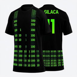 A black football jersey featuring four vertical stripes on the front, each extending the full height of the jersey and crafted from tiny neon green binary numbers, 0's and 1's, arranged to form the stripe pattern