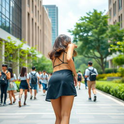 An 18-year-old Asian college girl posed from behind in a lively campus scene