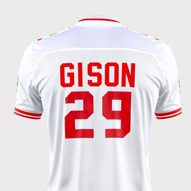 A white football jersey showcasing the player's details on the back