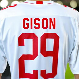 A white football jersey showcasing the player's details on the back