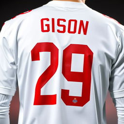 A white football jersey showcasing the player's details on the back