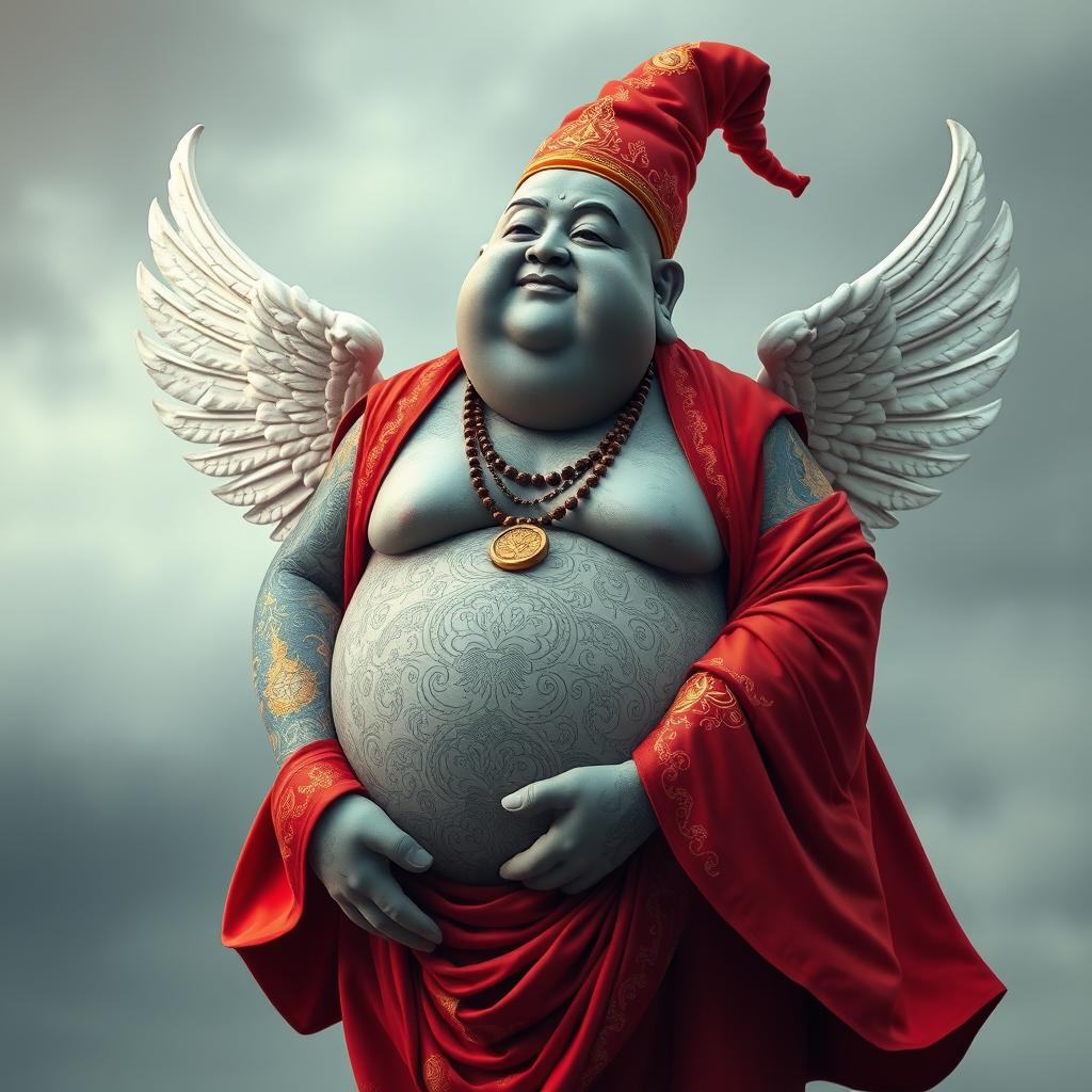 A very, very fat Buddha-like man with gray skin adorned with intricate golden tattoos