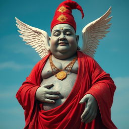 A very, very fat Buddha-like man with gray skin adorned with intricate golden tattoos